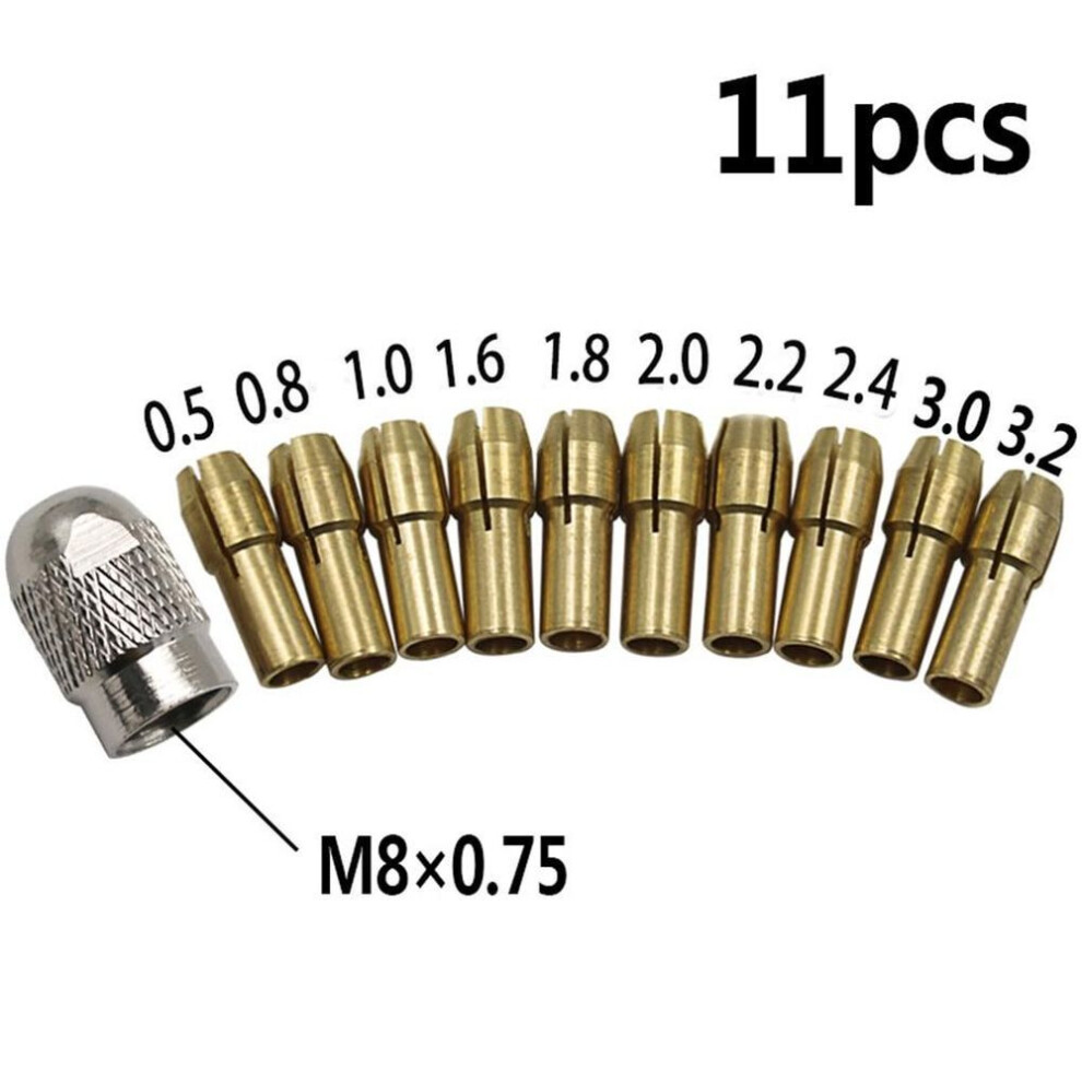 (gold) 11pcs 0.5-3.2mm Brass Drill Chucks Collet Bits 4.8mm Shank Screw Nut Replacement