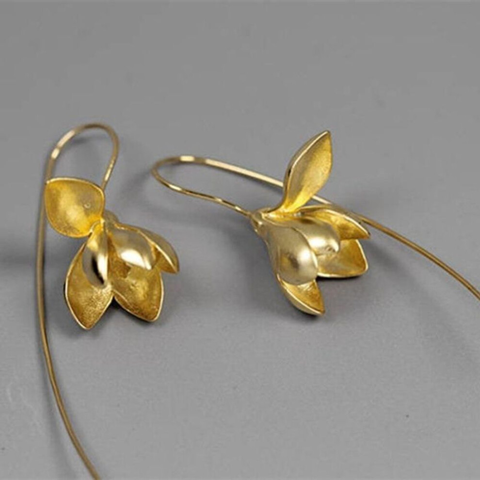 (gold) Fashion Earrings, Female, Flower Shape, Lotus Leaf, Leaf, Silver Plated Metal, Gold Earrings, Inlaid with Red Stone Jewelry