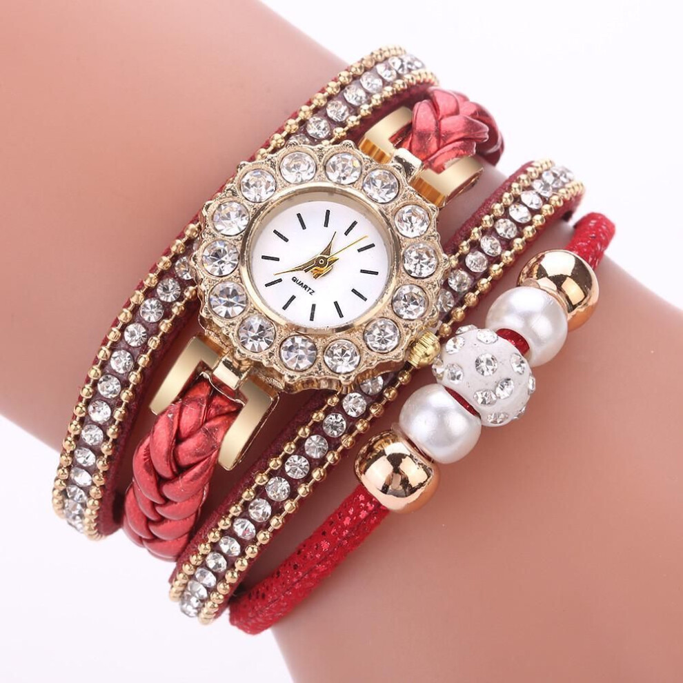 (red) Women Fashion Quartz Wrist Vintage Weave Wrap Watch Bracelet