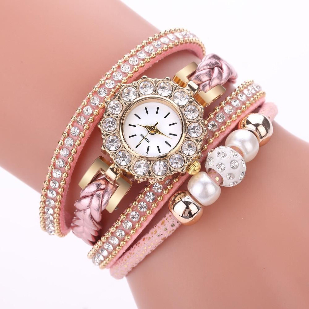 (pink) Women Fashion Quartz Wrist Vintage Weave Wrap Watch Bracelet