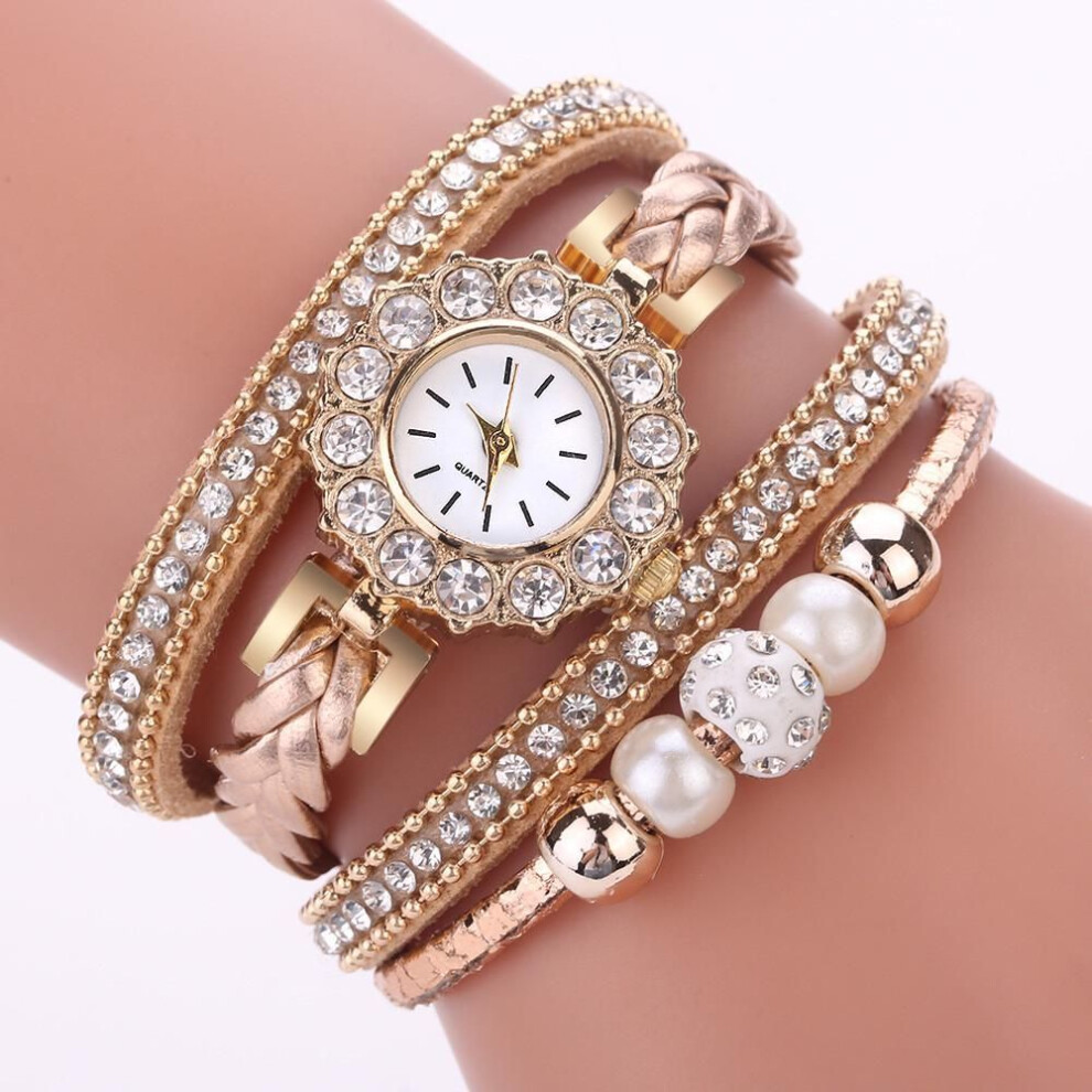(beige) Women Fashion Quartz Wrist Vintage Weave Wrap Watch Bracelet
