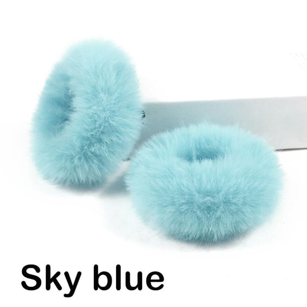 (sky blue) 2 Pieces Child Girl Fluffy Furry Scrunchies Soft Elastic Hair Bands Ring Ponytail Holder Hairwear Hair Decoration Accessory
