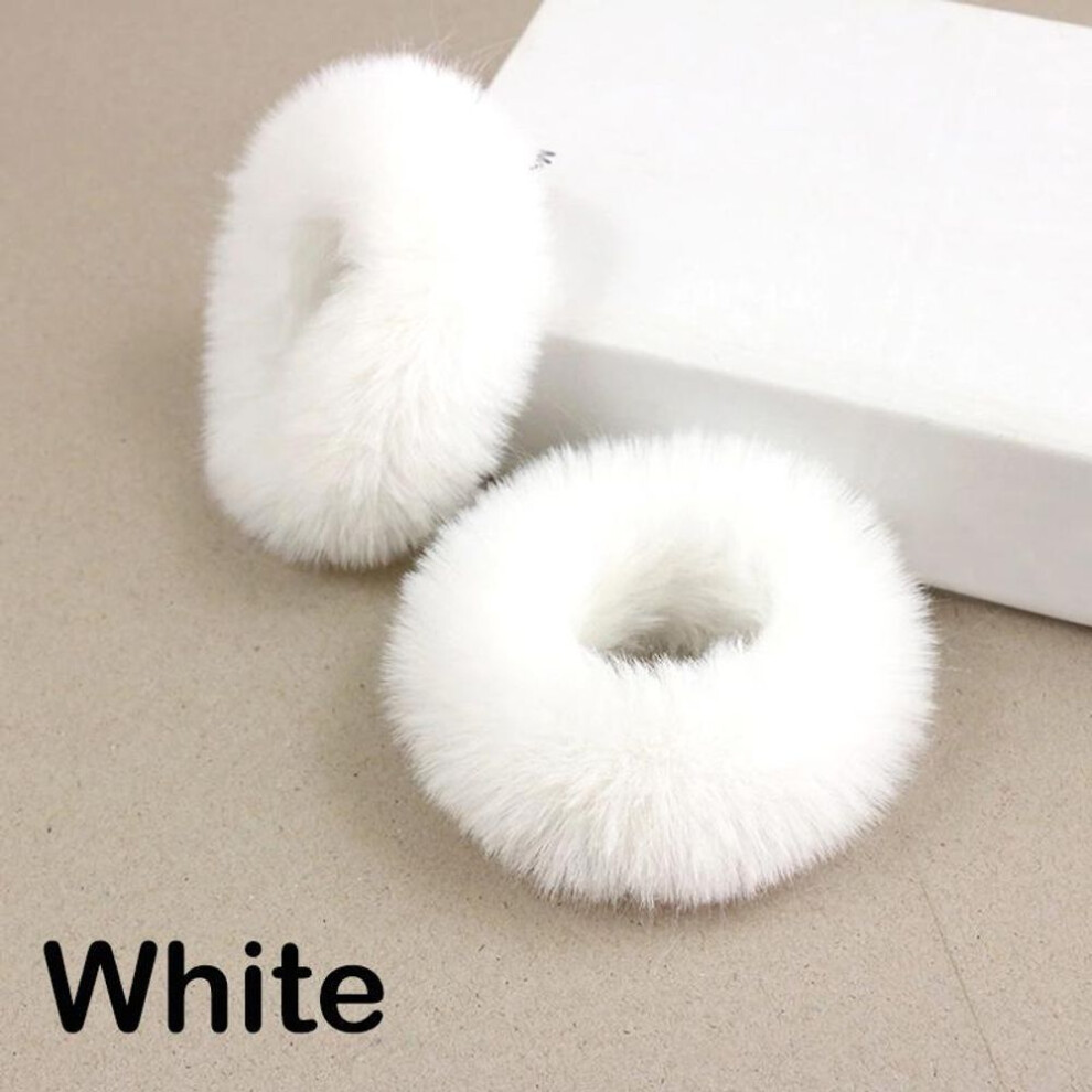 (white) 2 Pieces Child Girl Fluffy Furry Scrunchies Soft Elastic Hair Bands Ring Ponytail Holder Hairwear Hair Decoration Accessory