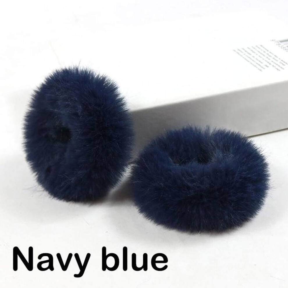 (navy blue) 2 Pieces Child Girl Fluffy Furry Scrunchies Soft Elastic Hair Bands Ring Ponytail Holder Hairwear Hair Decoration Accessory
