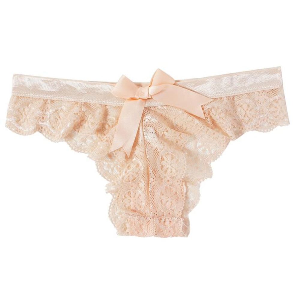 (beige, L) Sexy Lace Thongs Women Back Cute Bow Panties Seamless Bikinis Ladies Underwear