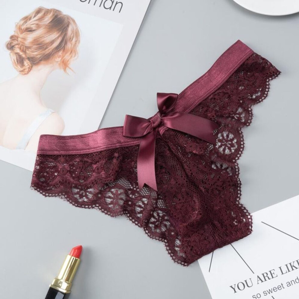 (wine red, L) Sexy Lace Thongs Women Back Cute Bow Panties Seamless Bikinis Ladies Underwear