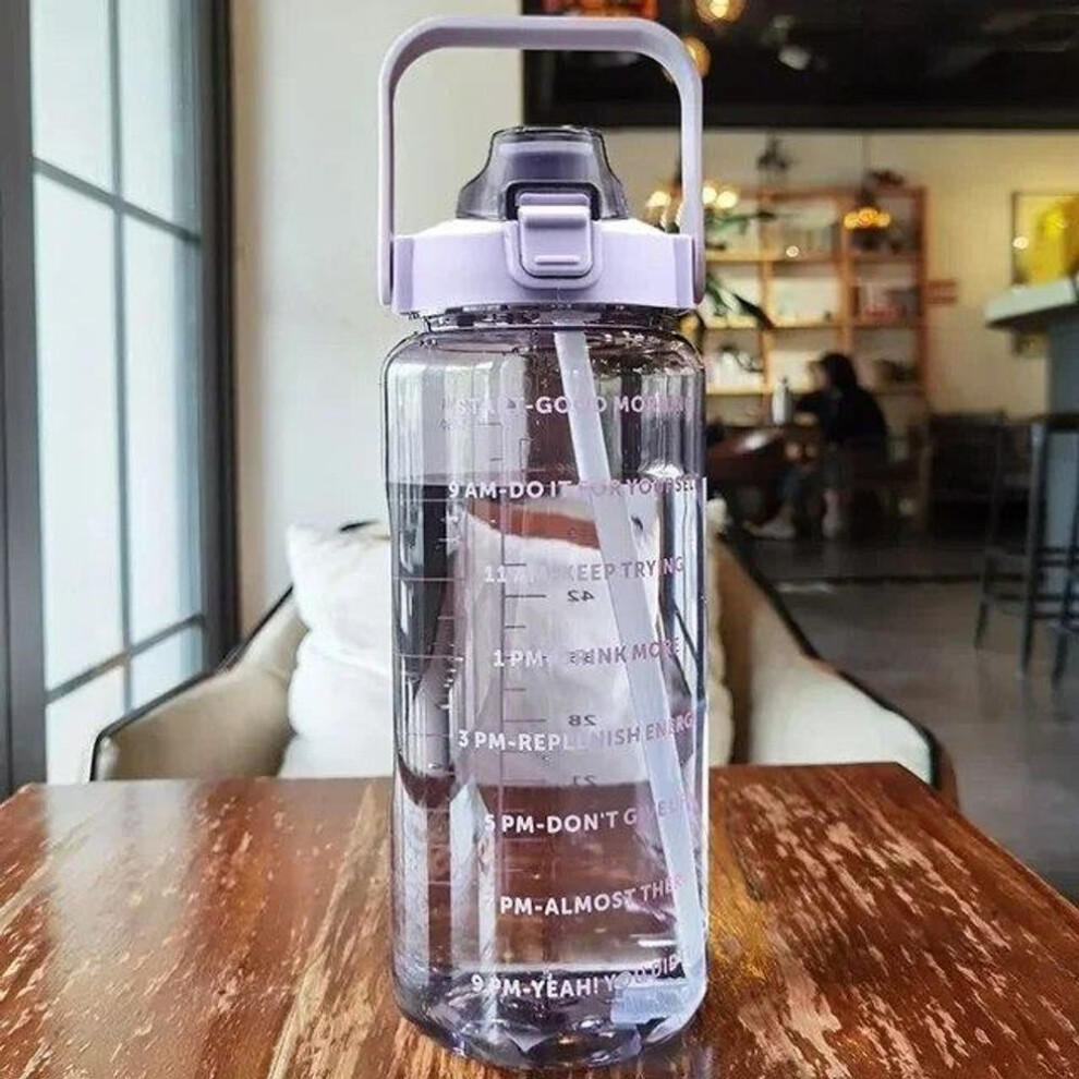 (purple) 2l Straw Water Bottle Large Capacity Plastic Water Cup Portable Drink Bottle With Time Marker For Outdoor Sports Fitness