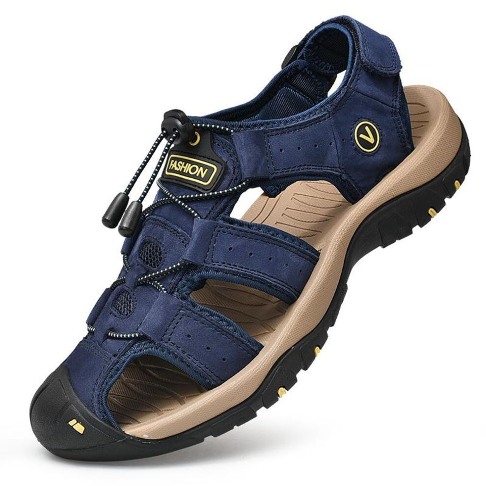 (blue, 44) Men&apos;s Sandal Genuine Leather Men Shoes For Summer Large Size Outdoor Walking Shoes Male Sandals Man Slippers Plus Size