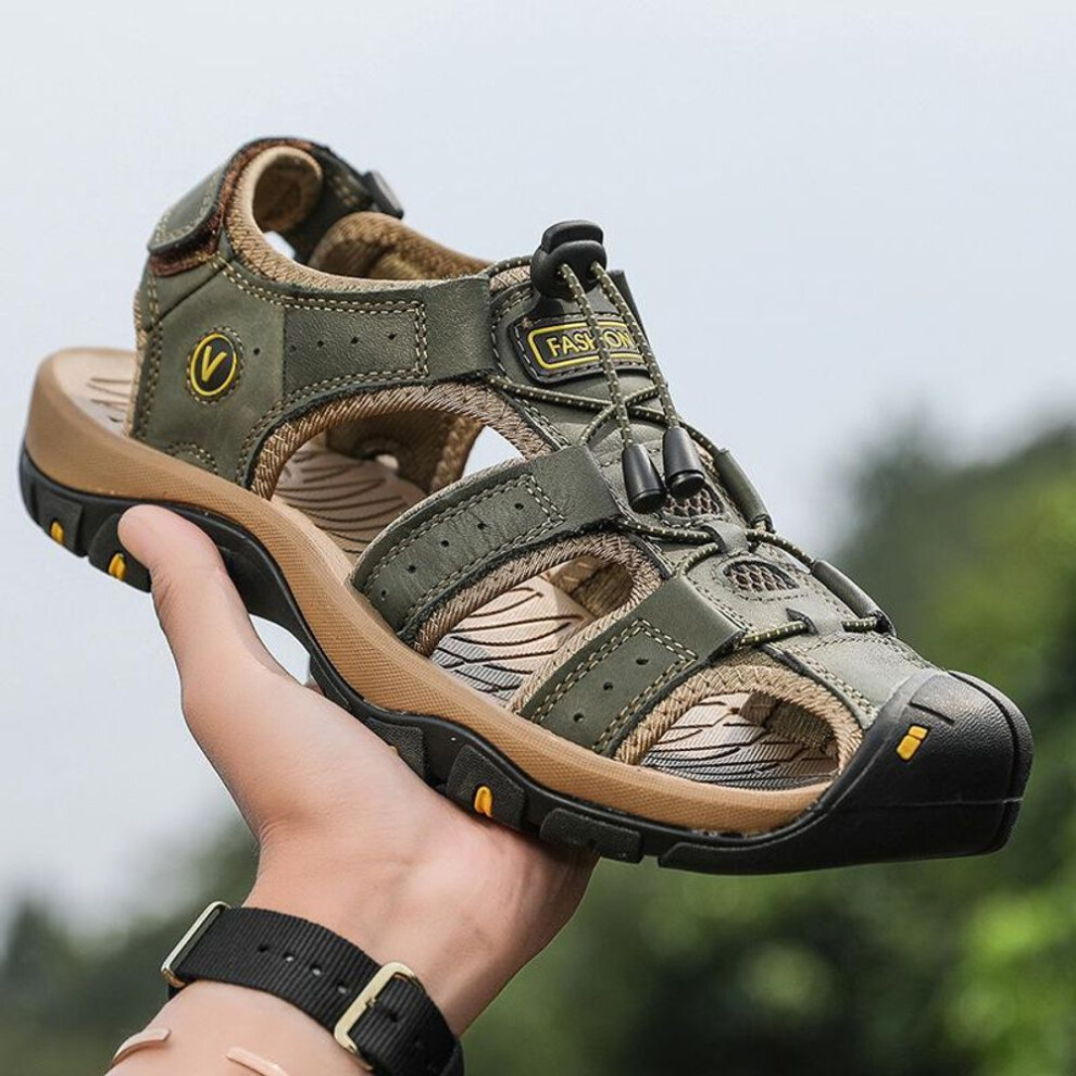 (army green, 42) Men's Sandal Genuine Leather Men Shoes for Summer Large Size Outdoor Walking Shoes Male Sandals Man Slippers Plus Size