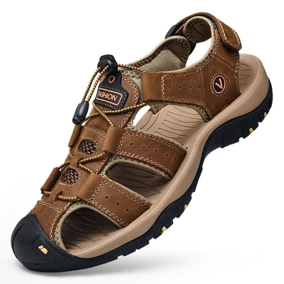 (dark brown, 44) Men&apos;s Sandal Genuine Leather Men Shoes For Summer Large Size Outdoor Walking Shoes Male Sandals Man Slippers Plus Size