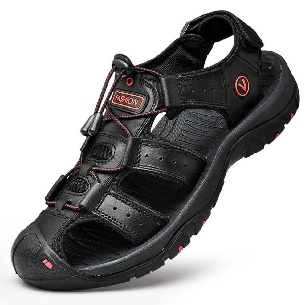 (black, &apos;47) Men's Sandal Genuine Leather Men Shoes for Summer Large Size Outdoor Walking Shoes Male Sandals Man Slippers Plus Size