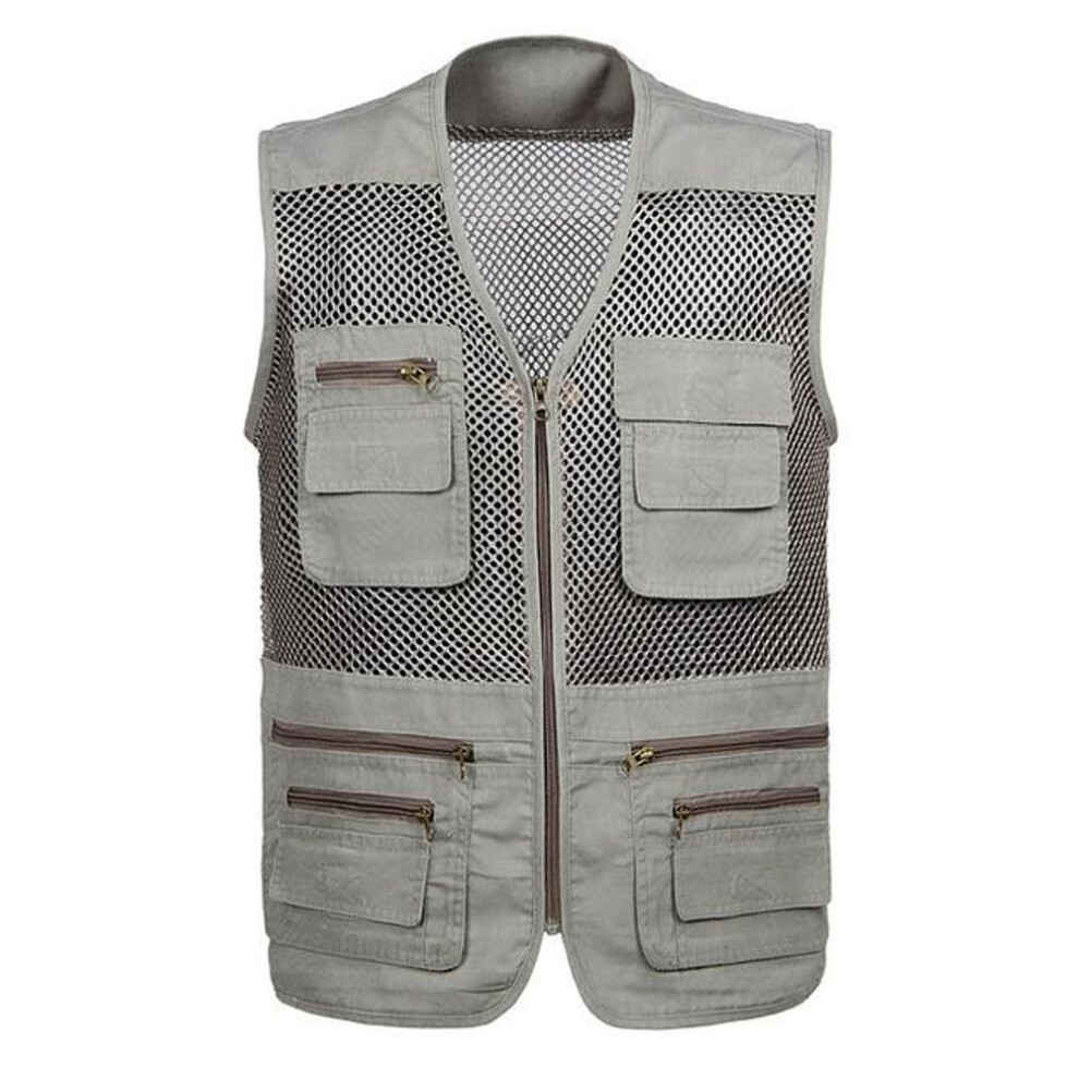 (beige, XL) Plus Size Mesh Vests Male With Many Pockets Males Breathable Multi-pocket Fishing Vest Work Sleeveless Jacket