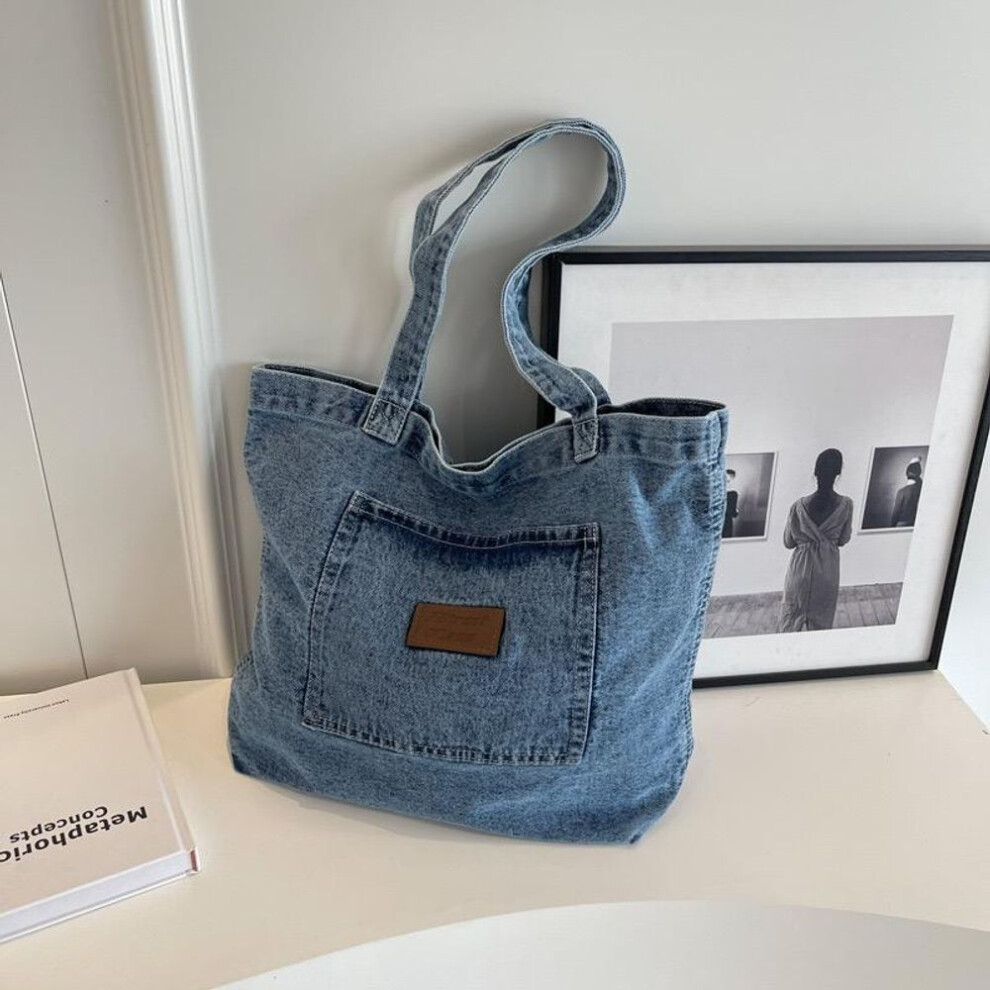 (baby blue) Washed Denim Cloth Bag, Large Capacity Art And Cultural Leisure Diagonal Backpack, Student Class Canvas Diagonal Backpack