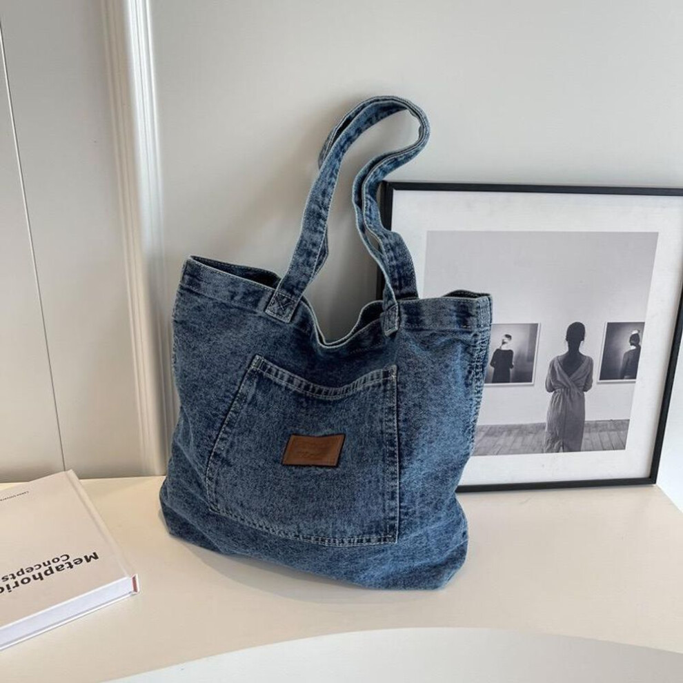 (dark blue) Washed Denim Cloth Bag, Large Capacity Art And Cultural Leisure Diagonal Backpack, Student Class Canvas Diagonal Backpack