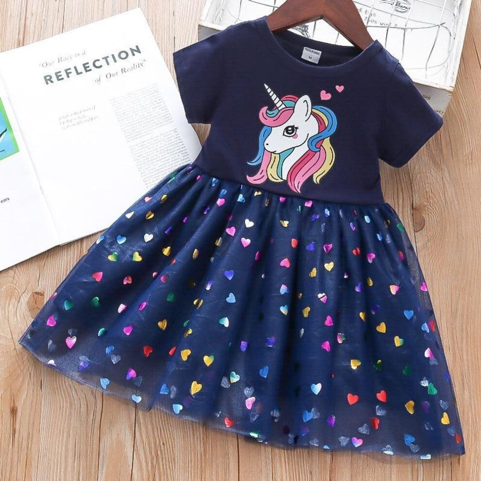 (navy, 110) Girls Dress Cotton Cartoon Unicorn Splicing Mesh Party Princess Dresses Girls Birthday Clothes