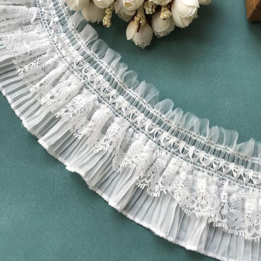 (white) 1yard White Black Stretch Lace Layer Ribbon Elastic Ruffle Trim For Sewing Clothing Diy Crafts