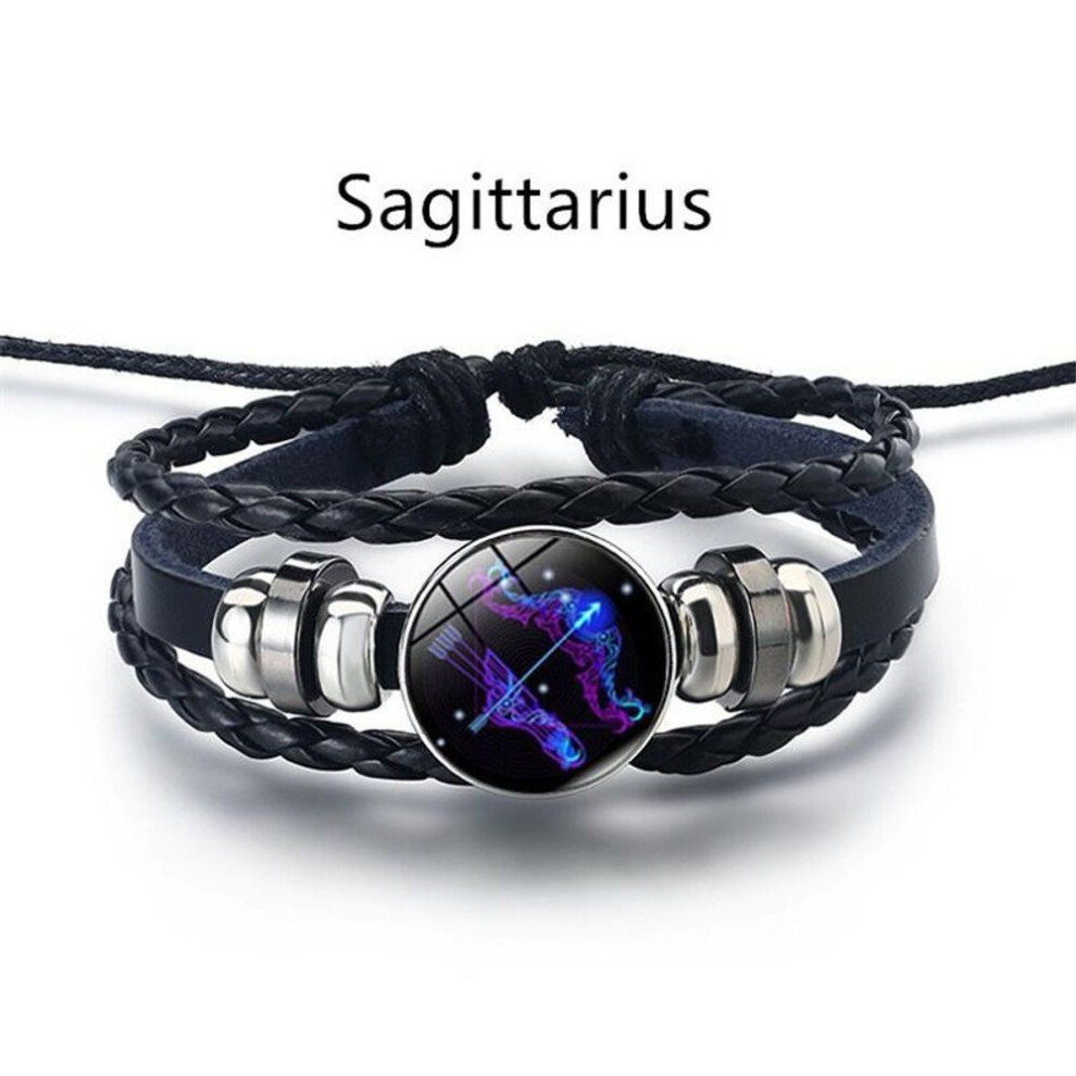 (Sagittarius) 12 Constellation Luminous Weave Leather Bracelet Charm Bracelet Men Women Fashion Multilayer Zodiac Signs Bracelet Birthday Gifts