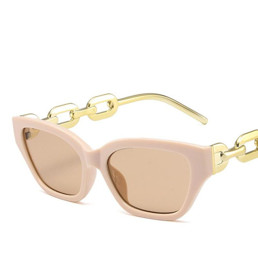 (beige) Vintage Cat Eye Sunglasses For Women Small Metal Chain Elegant Eyeglasses Fashion Black Shades