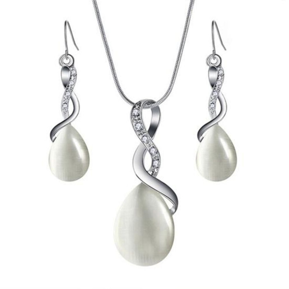 (white) 1 Set Bride Necklace Earrings Kit Waterdrop Pendant Rhinestone Twisted Ring Elegant Luxury Hypoallergenic Women Hook Earrings Wedding Jewelry Gift