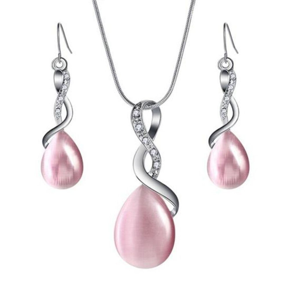 (pink) 1 Set Bride Necklace Earrings Kit Waterdrop Pendant Rhinestone Twisted Ring Elegant Luxury Hypoallergenic Women Hook Earrings Wedding Jewelry Gift