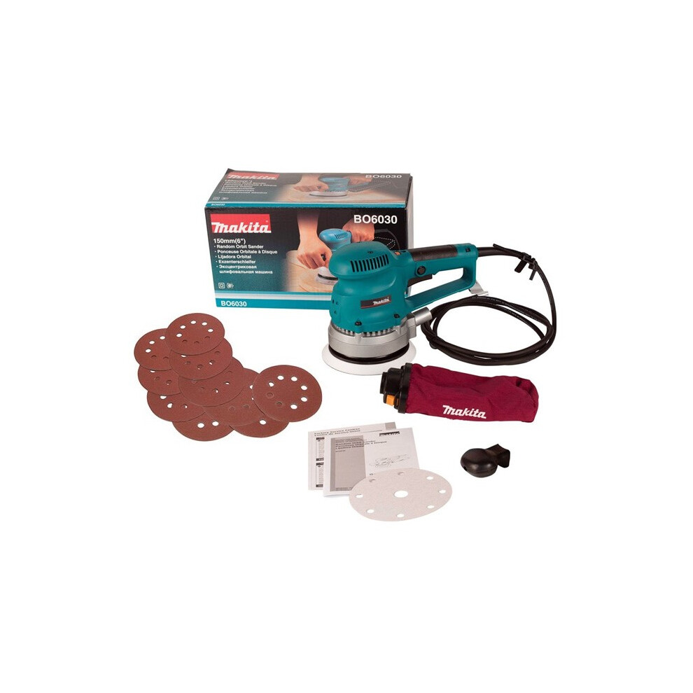 Makita BO6030 110v Corded Random Orbital Sander 150mm 6" + Dust Bag + 11 Sheets