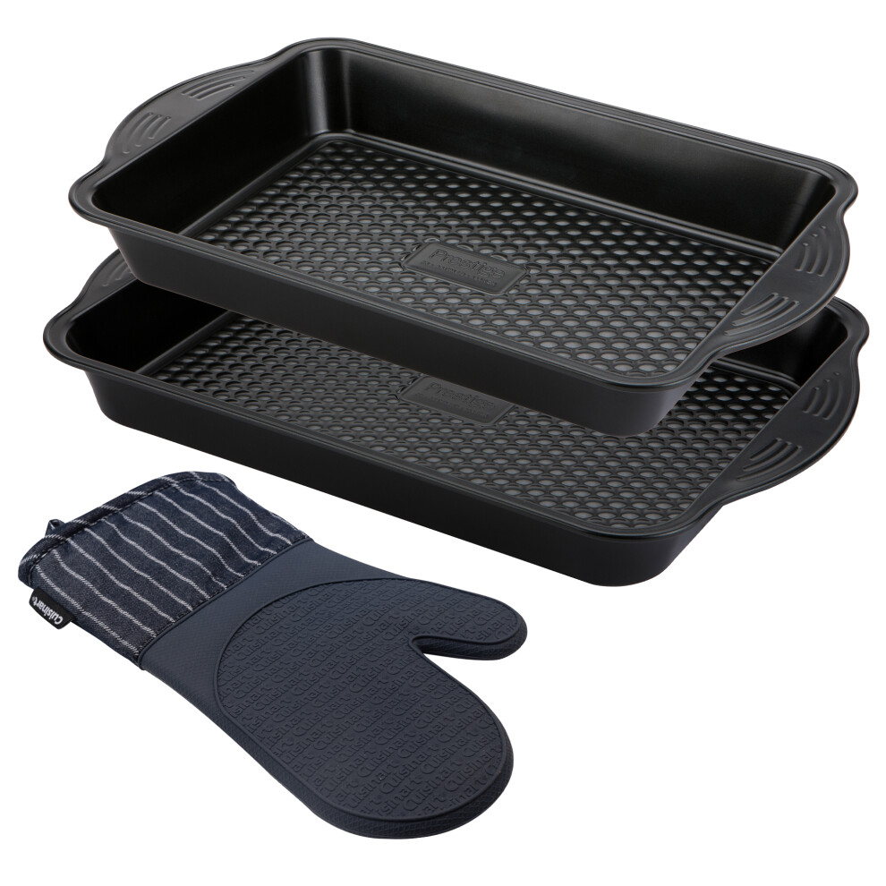 Prestige Aerolift Tray Set & Denim Pin Stripe Oven Mitt - Black Steel Twin Pack