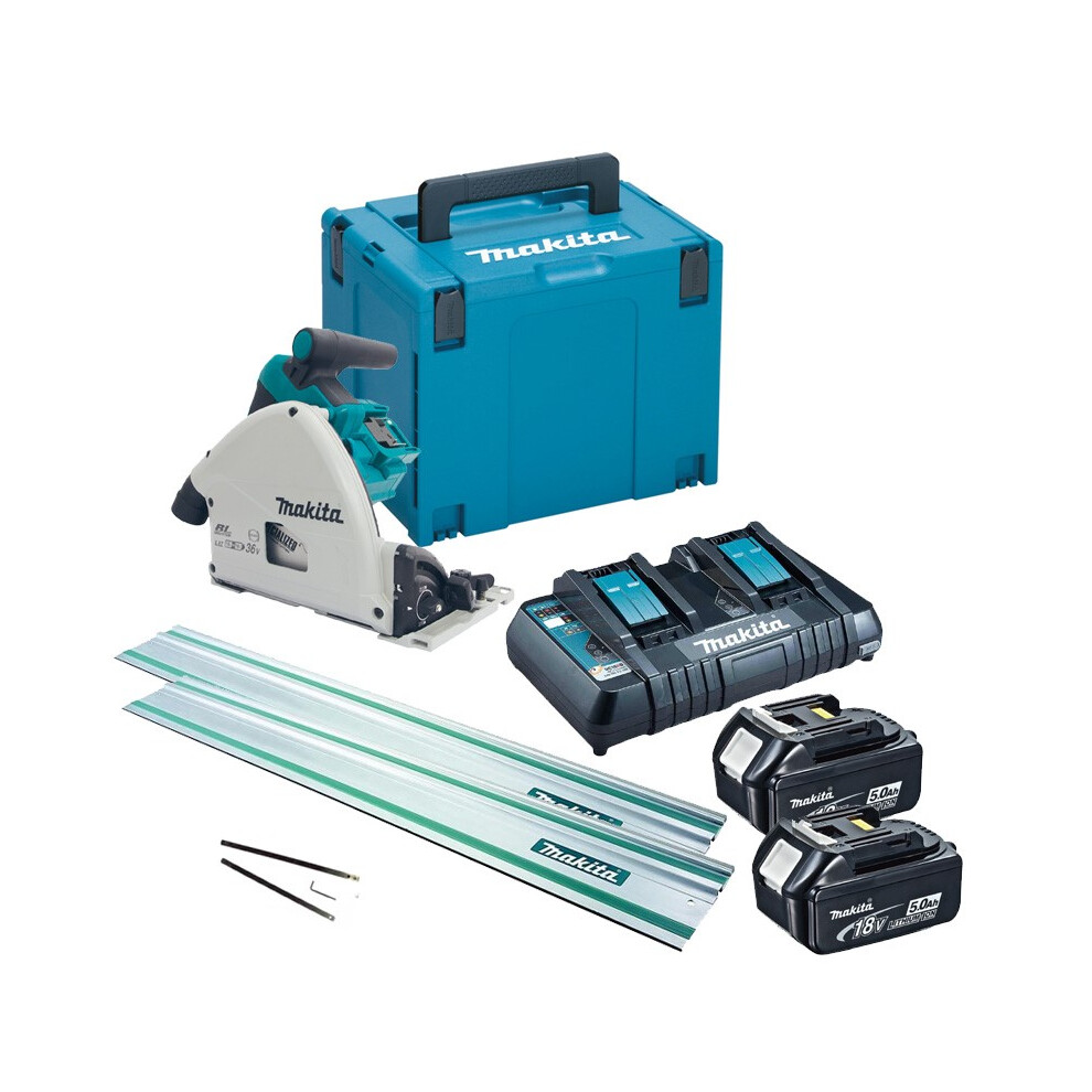 Makita DSP600PT2 36v Twin 18v Brushless Plunge Cut Circular Saw 2x Guide Rails