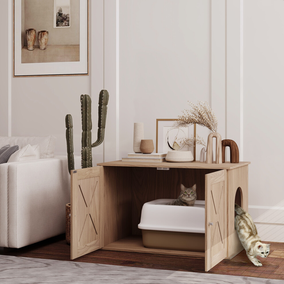 PawHut Cat Litter Box Enclosure, Litter Box Furniture, Walnut Brown