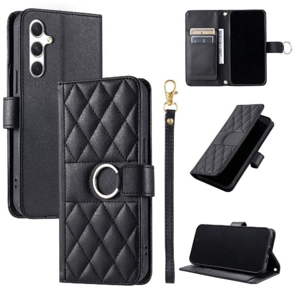 (Black) Flip Case For Samsung Galaxy S24 Card Slots Holder Protective Magnetic Wrist Strap Pu Leather Black 764549437252