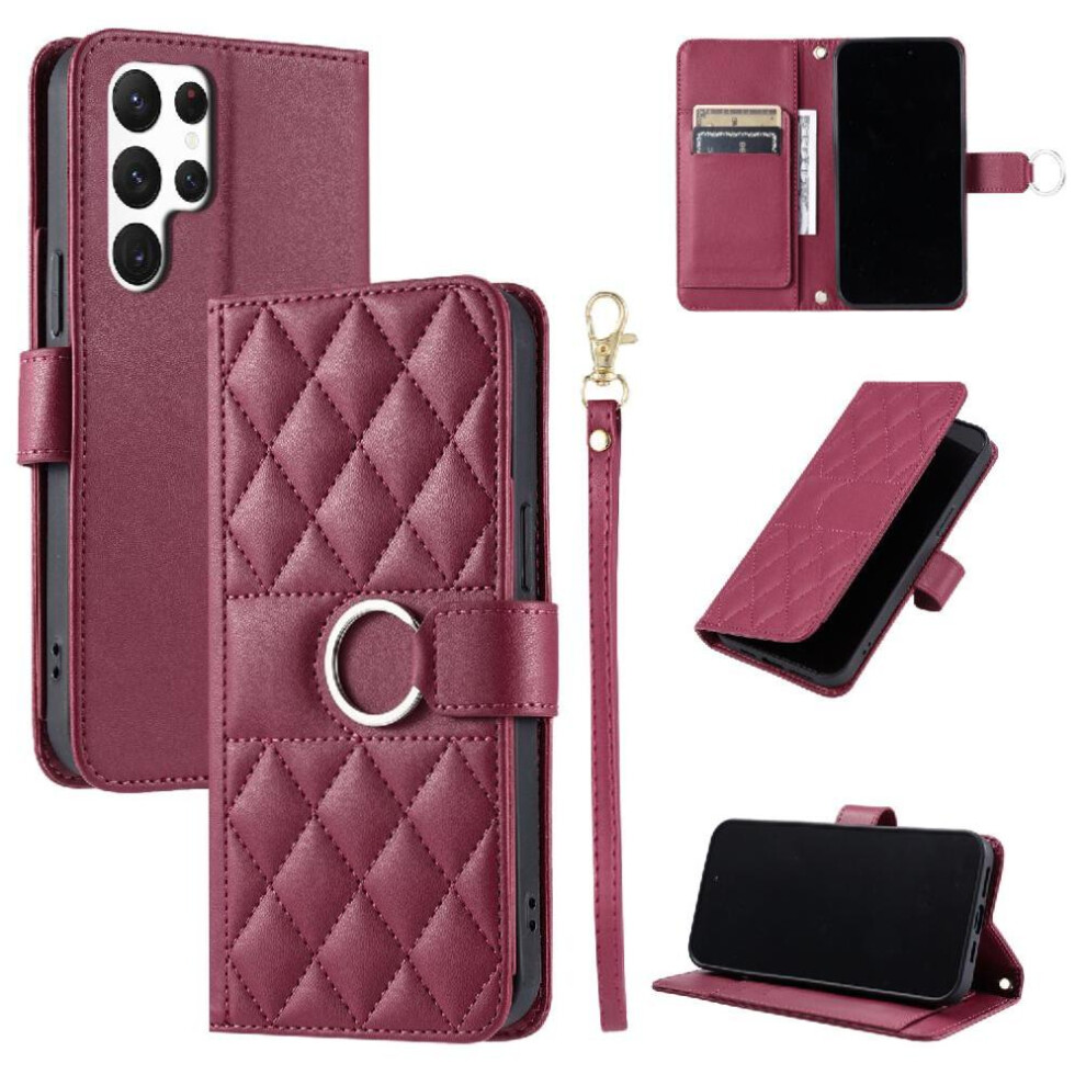 (Red) Flip Case For Samsung Galaxy S24 Ultra Protective Wrist Strap Card Slots Holder Magnetic Pu Leather Red 764549437580