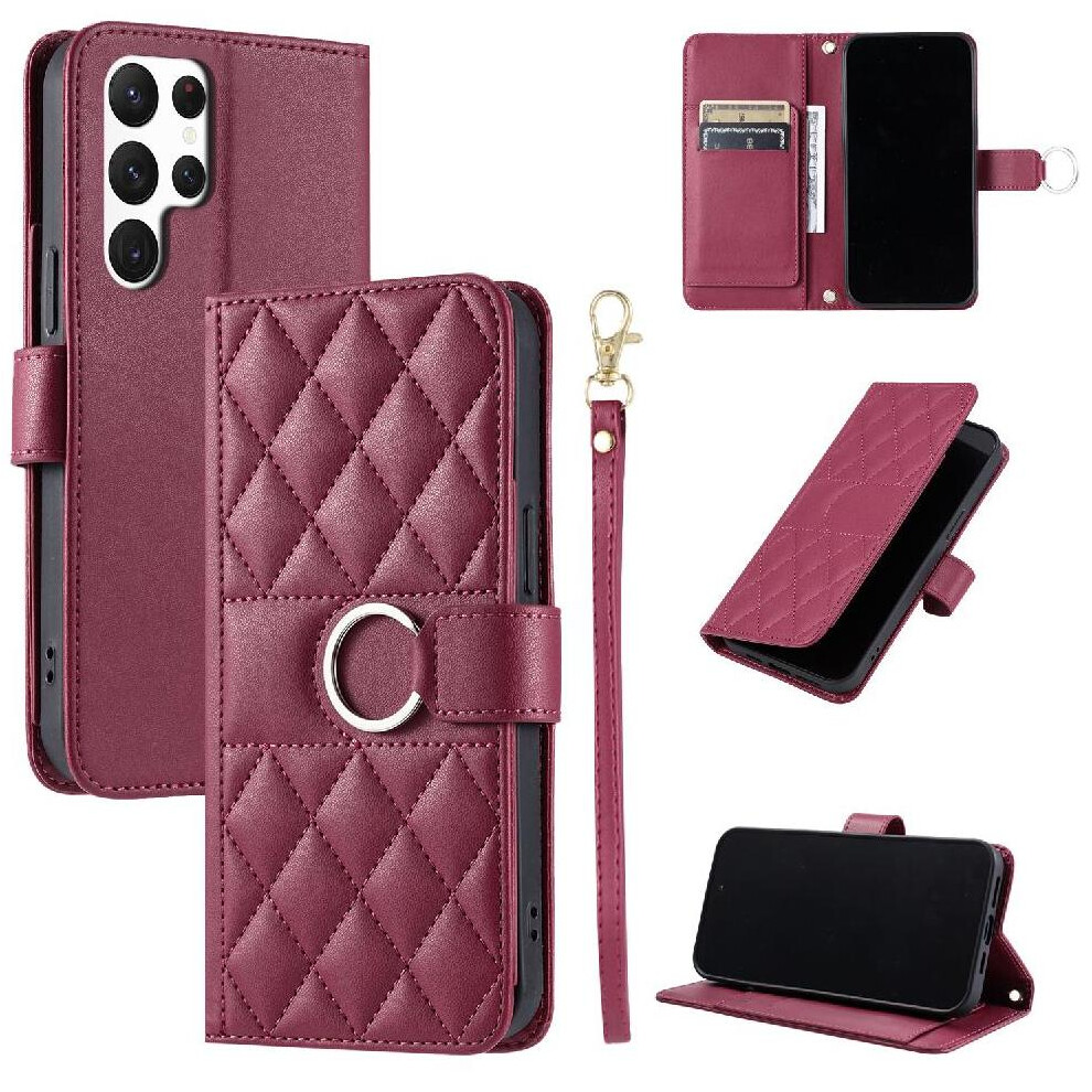 (Red) Flip Case For Samsung Galaxy S23 Ultra Protective Magnetic Card Slots Holder Wrist Strap Pu Leather Red 764549437634