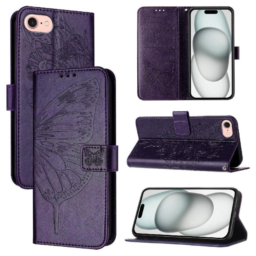 ( Violet) Case For Iphone 16E Flip Cover Premium Leather Magnetic Embossing Butterfly Dark 764549438334