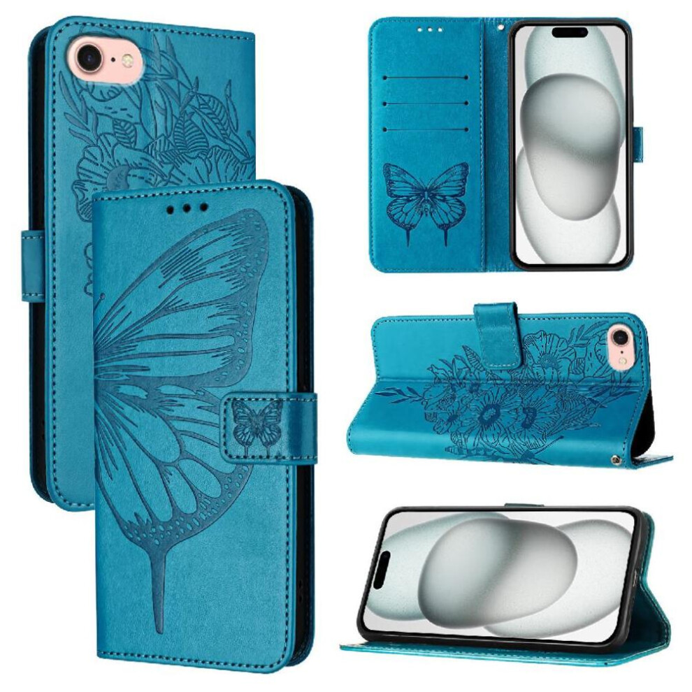 (Blue) Case For Iphone 16E Flip Cover Premium Leather Magnetic Embossing Butterfly Blue 764549438297