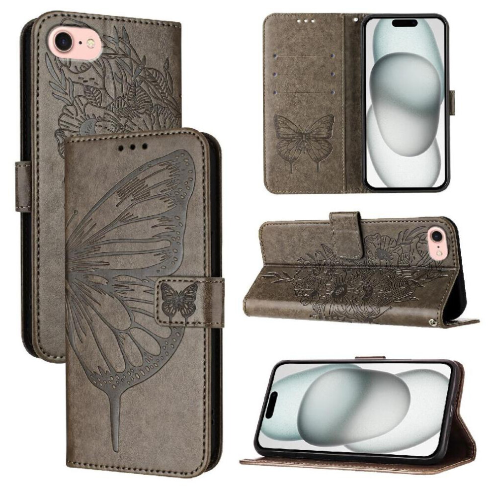 ( ) Case For Iphone 16E Flip Cover Premium Leather Magnetic Embossing Butterfly Gray 764549438280