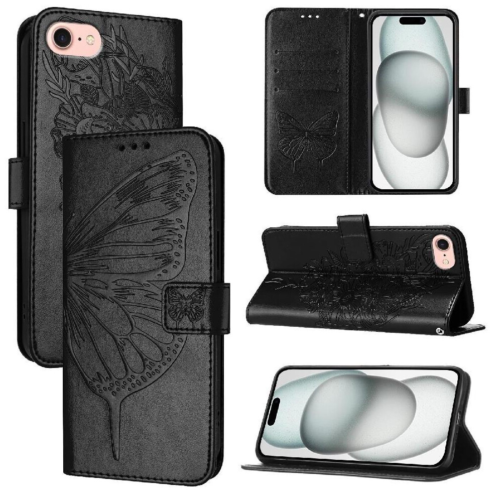 (Black) Case For Iphone 16E Flip Cover Premium Leather Magnetic Embossing Butterfly Black 764549438266