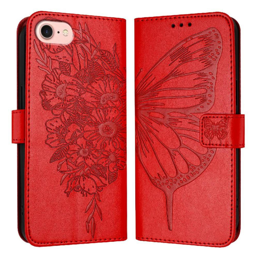 (Red) Case For Iphone 16E Flip Cover Premium Leather Magnetic Embossing Butterfly Red 764549438273