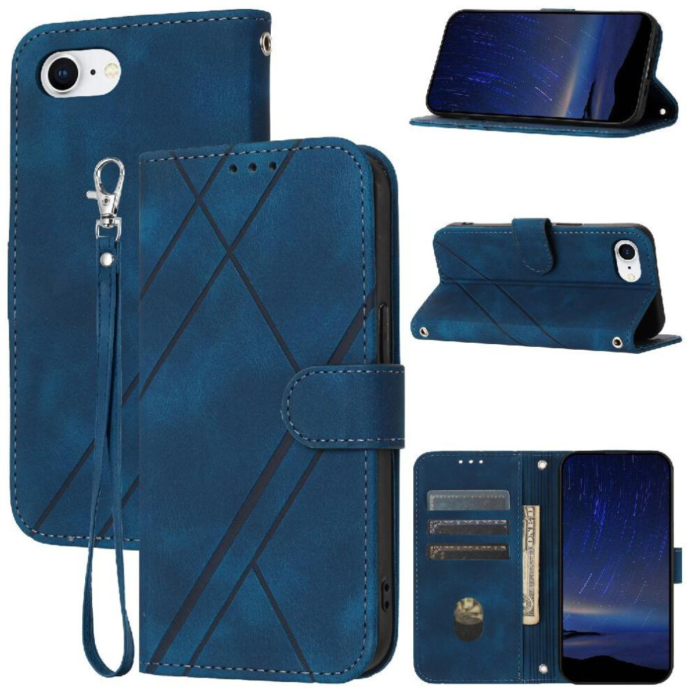 (Blue) Filp Case For Iphone 16E Kickstand Pu Leather Cover Wrist Strap Credit Card Holder Hand Wallet Blue 764549438730