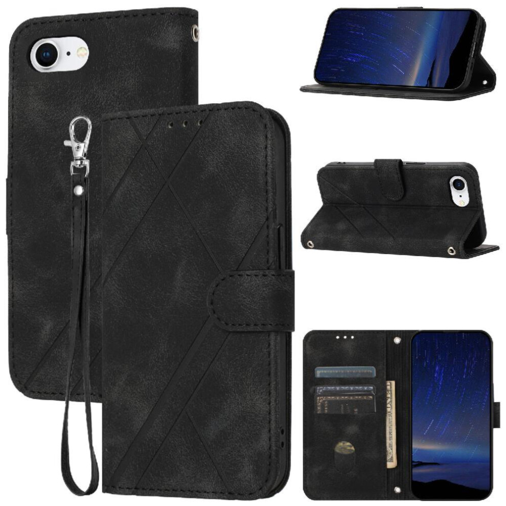 (Black) Filp Case For Iphone 16E Kickstand Pu Leather Cover Wrist Strap Credit Card Holder Hand Wallet Black 764549438747