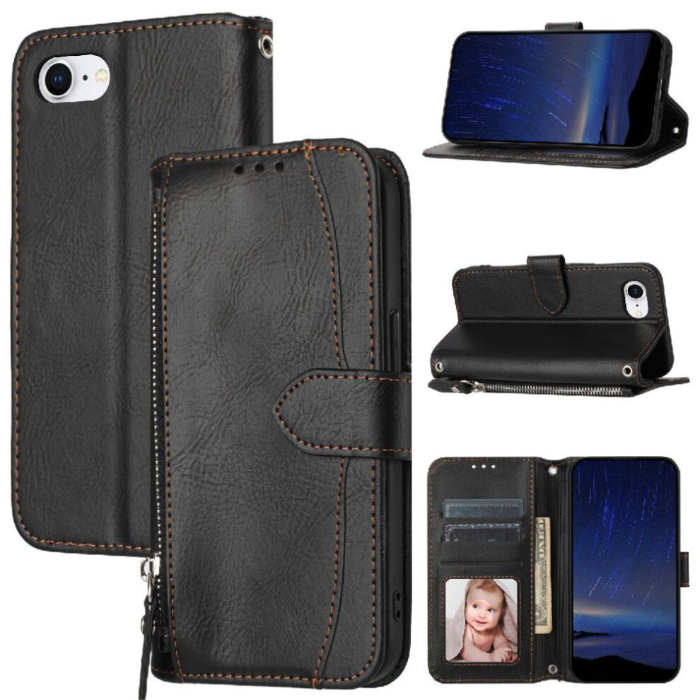 (Black) Flip Case For Iphone 16E Magnetic Closure Pu Leather Anti Scratch Kickstand Card Holder Black 764549438853