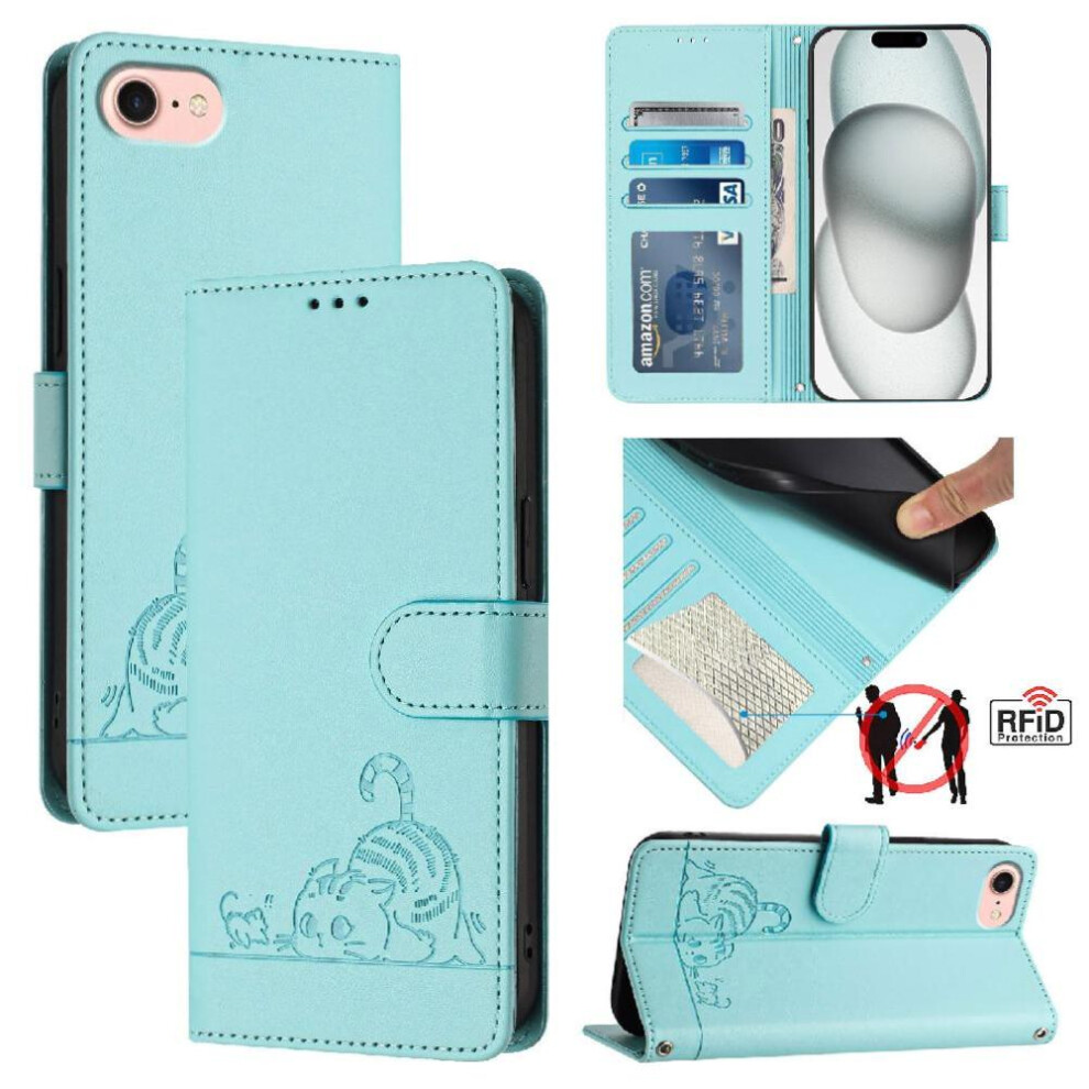 (Green) Case For Iphone 16E Cat Rfid Card Slot Holder Kickstand Wallet Flip Cover Green 764549438938