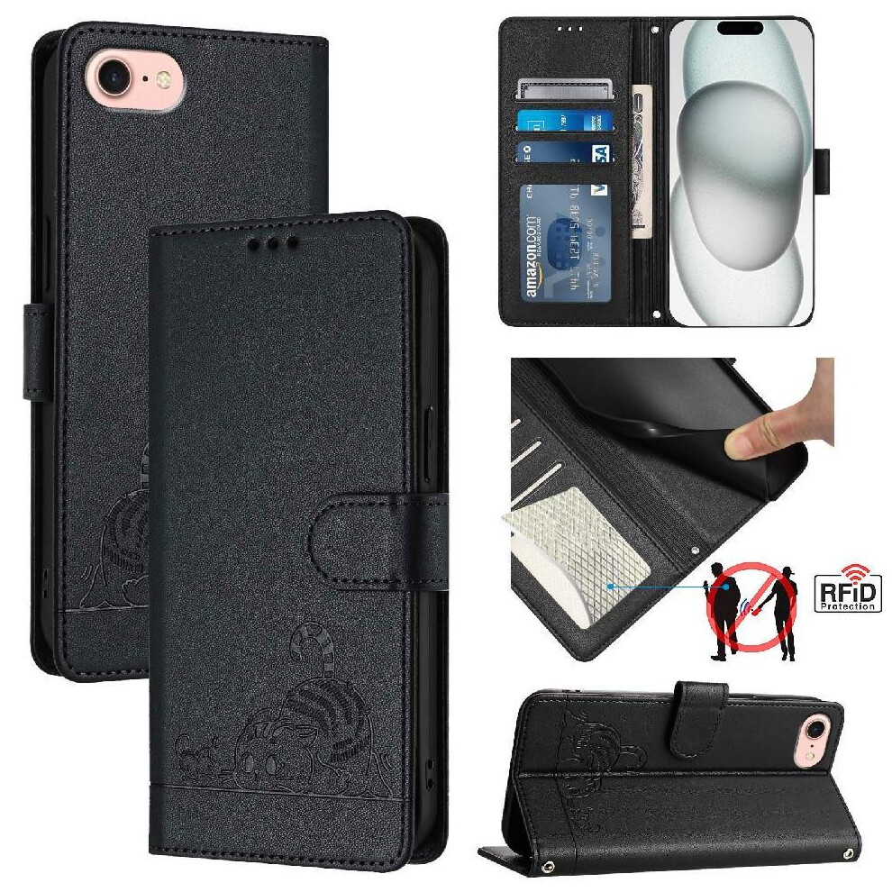(Black) Case For Iphone 16E Cat Rfid Card Slot Holder Kickstand Wallet Flip Cover Black 764549438952
