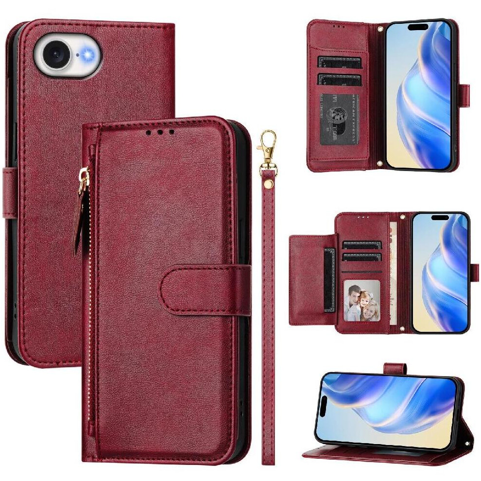 (Red) Flip Case For Iphone 16E Card Holder Zipper Pu Leather Magnetic Red 764549439072