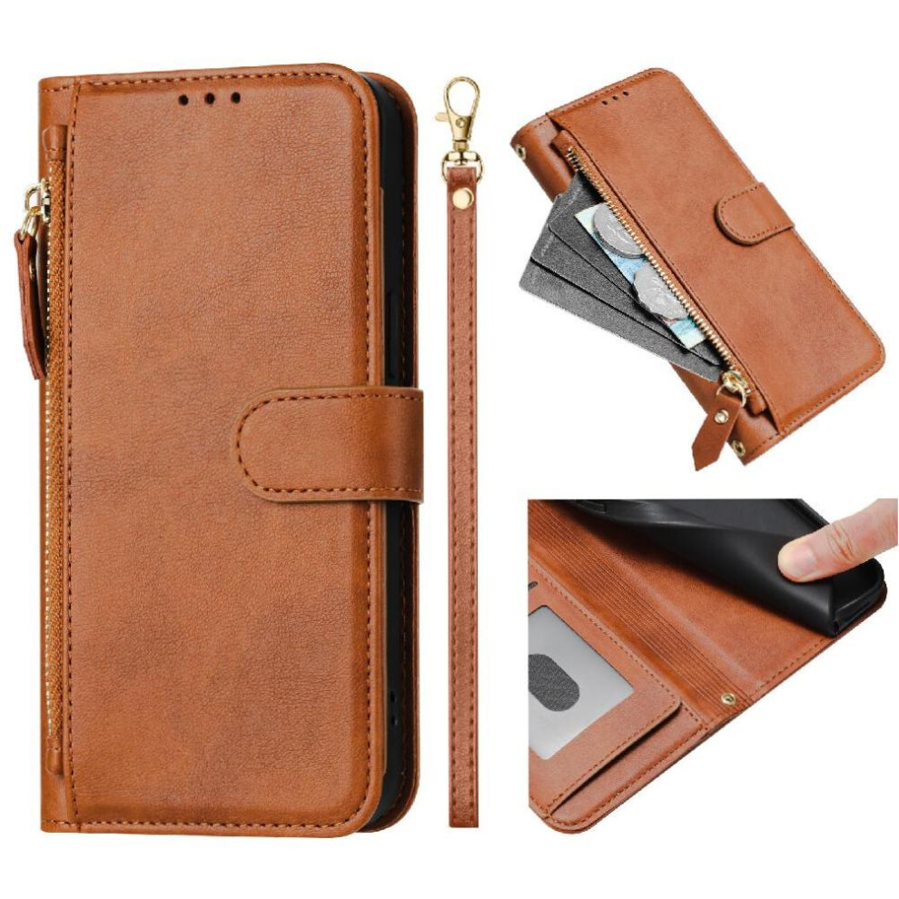 (Brown) Flip Case For Iphone 16E Card Holder Zipper Pu Leather Magnetic Brown 764549439096