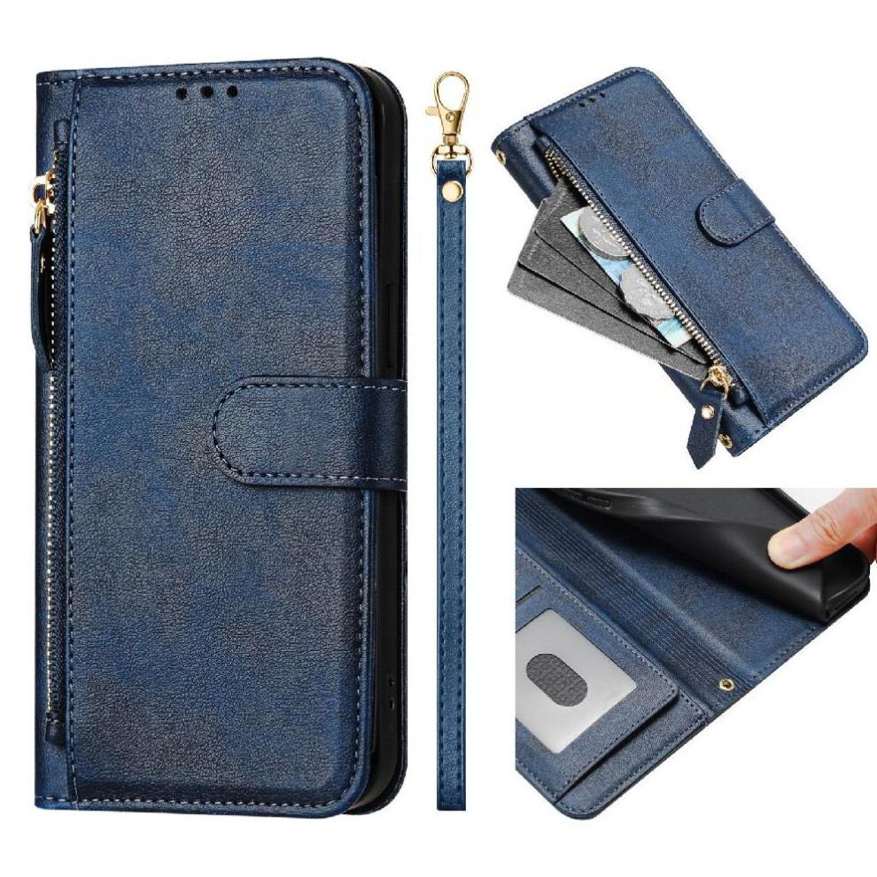 (Blue) Flip Case For Iphone 16E Card Holder Zipper Pu Leather Magnetic Blue 764549439058