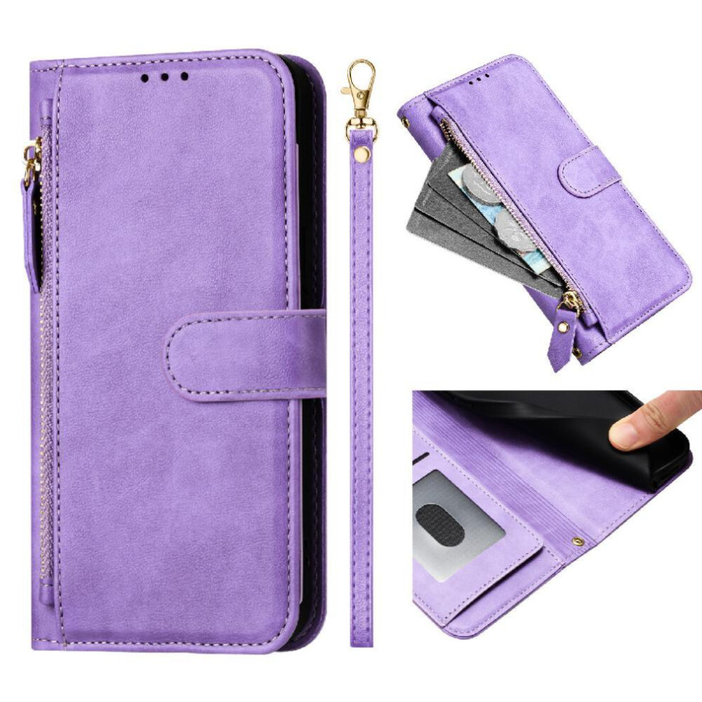 (Purple) Flip Case For Iphone 16E Card Holder Zipper Pu Leather Magnetic Purple 764549439089