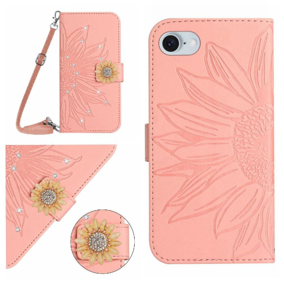 (Pink) Case For Iphone 16E With Card Slot Stand Kickstand Protective Sunflower With A Long Lanyard Leather Wallet Pink 764549439164