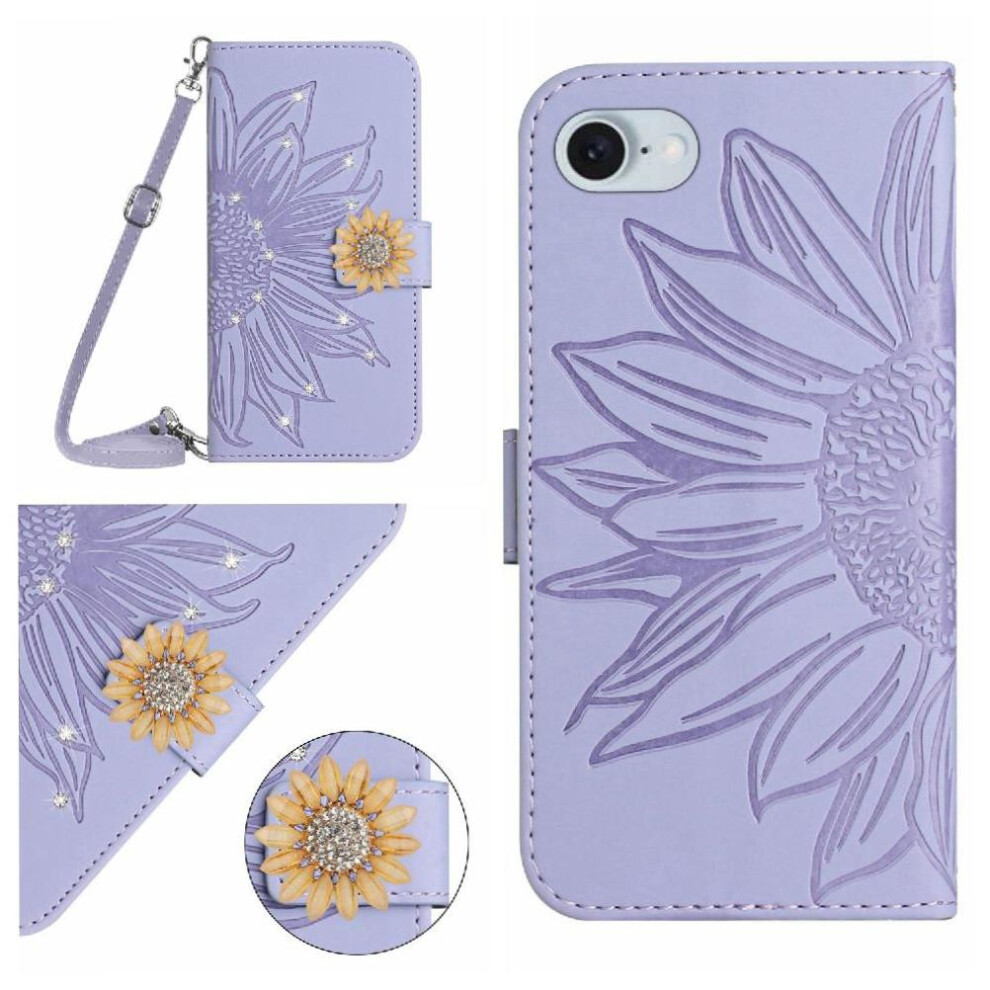 ( Violet) Case For Iphone 16E With Card Slot Stand Kickstand Protective Sunflower With A Long Lanyard Leather Wallet Light 764549439188