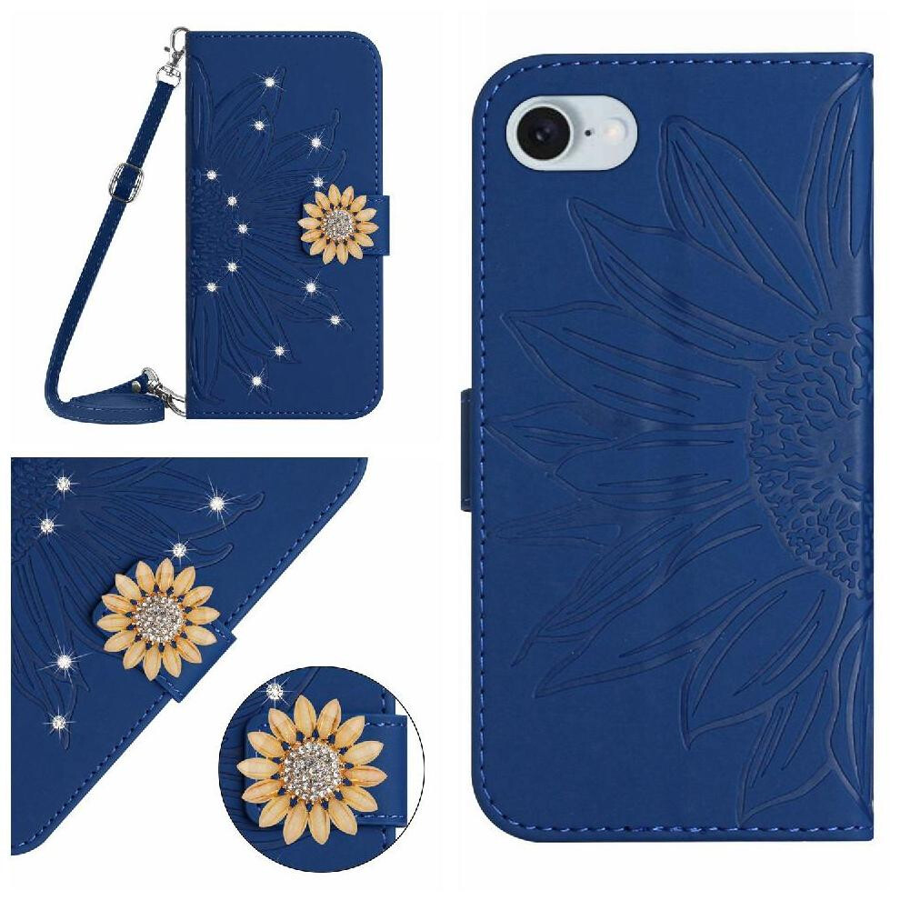 (Dark ) Case For Iphone 16E With Card Slot Stand Kickstand Protective Sunflower With A Long Lanyard Leather Wallet Blue 764549439195