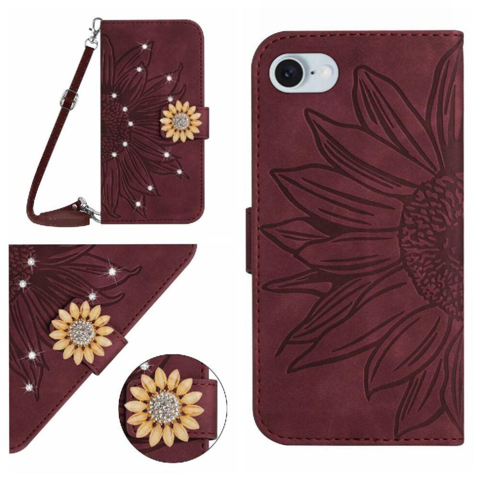 (Brown) Case For Iphone 16E With Card Slot Stand Kickstand Protective Sunflower With A Long Lanyard Leather Wallet Brown 764549439201