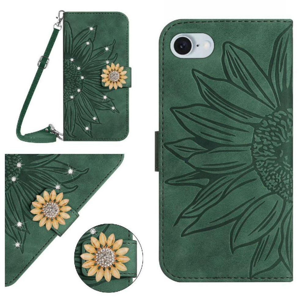 (Green) Case For Iphone 16E With Card Slot Stand Kickstand Protective Sunflower With A Long Lanyard Leather Wallet Green 764549439225